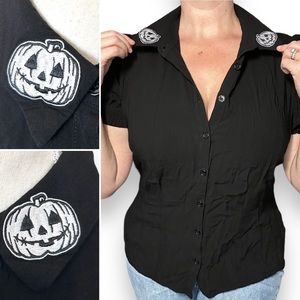 Hell Bunny Black Skelli pumpkin Blouse Top Goth Punk Retro Alt rockabilly sz 2x*